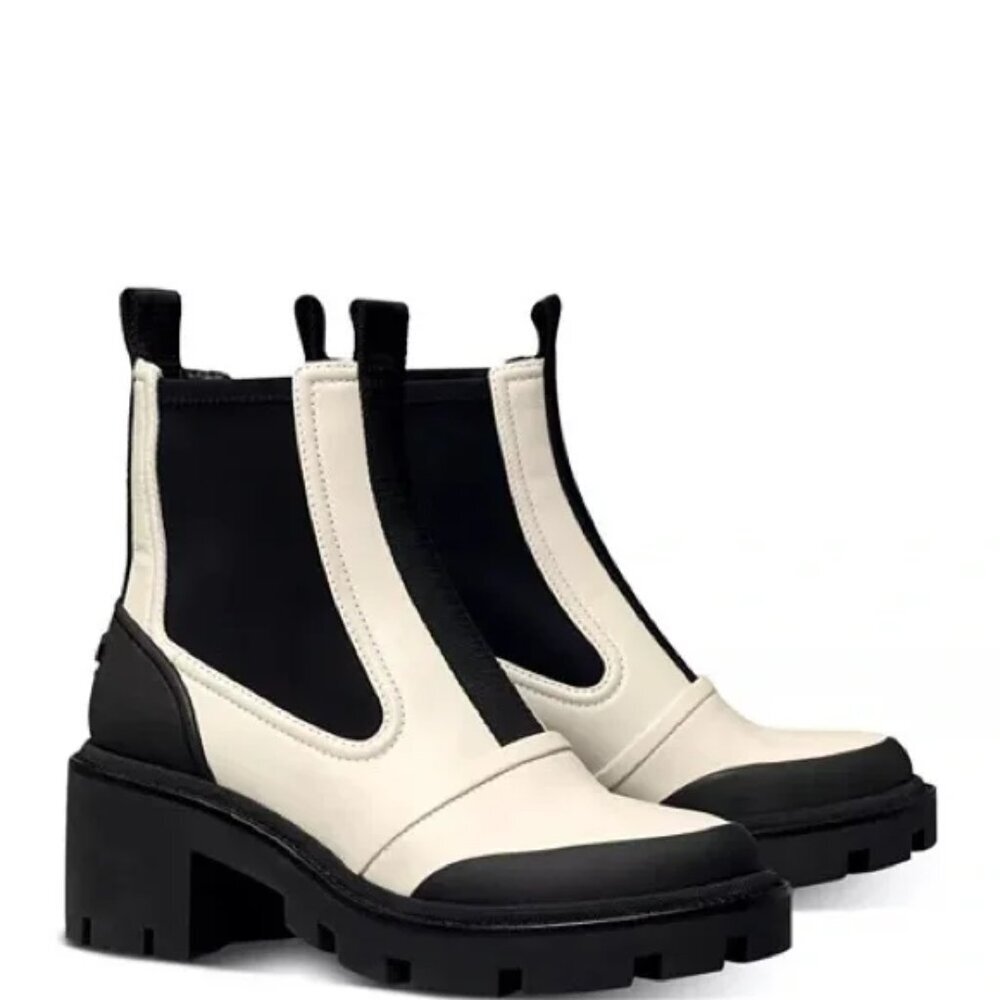 Tory Burch Black & White Chelsea Lug-sole Heeled Ankle Boot Sz: 9.5